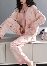 Pink Print Pockets Cotton Pajamas Two-Piece Set V Neck Fall
