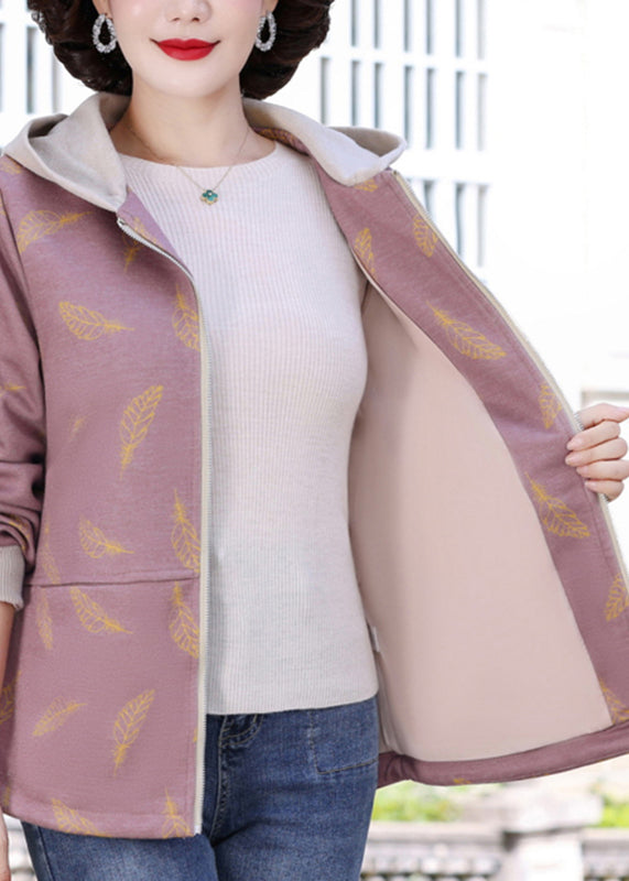 Pink Print Pockets Hooded Jacket Lantern Sleeve