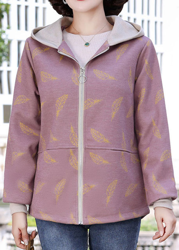 Pink Print Pockets Hooded Jacket Lantern Sleeve