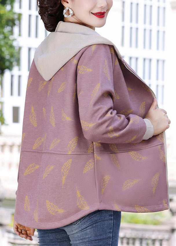 Pink Print Pockets Hooded Jacket Lantern Sleeve