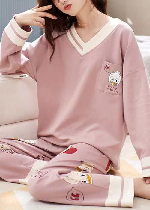 Pink Print Pockets Patchwork Cotton Pajamas Two-Piece Set V Neck Fall