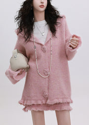 Pink Ruffled Patchwork Cotton Knit Hooded Cardigan And Skirts Two Piece Set Fall