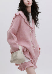 Pink Ruffled Patchwork Cotton Knit Hooded Cardigan And Skirts Two Piece Set Fall