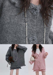 Pink Ruffled Patchwork Cotton Knit Hooded Cardigan And Skirts Two Piece Set Fall