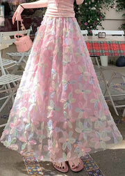 Pink Sequins Tulle A Line Skirts Elastic Waist