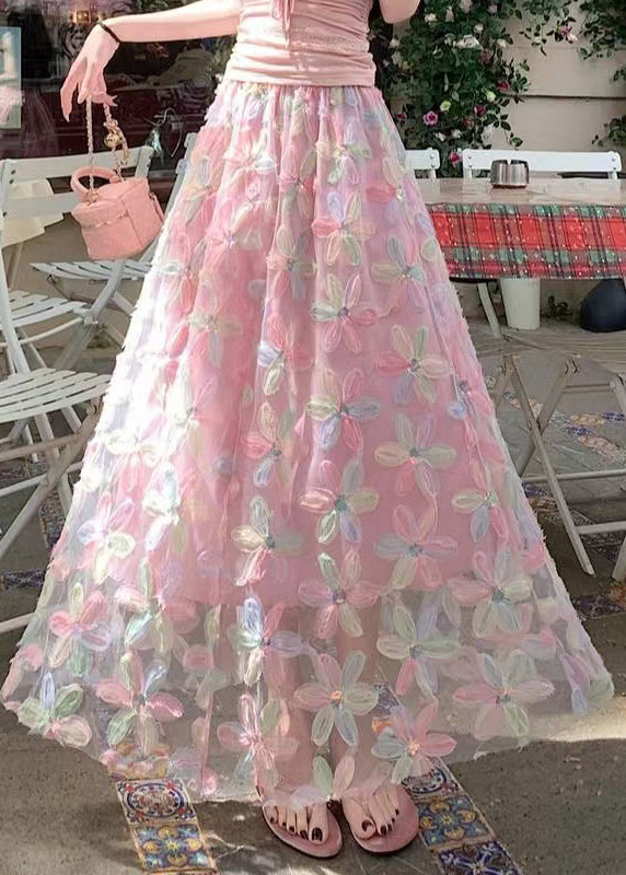 Pink Sequins Tulle A Line Skirts Elastic Waist