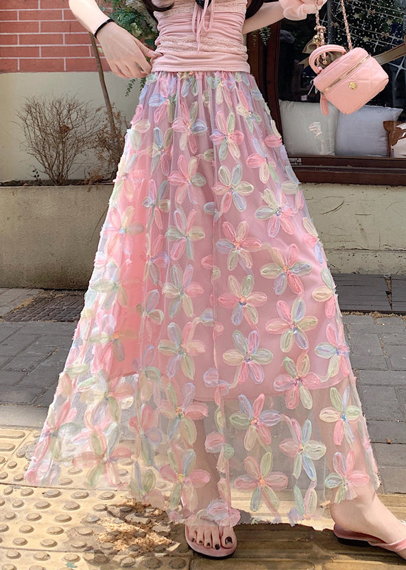 Pink Sequins Tulle A Line Skirts Elastic Waist