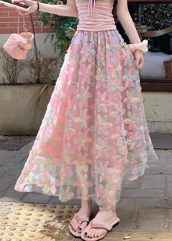 Pink Sequins Tulle A Line Skirts Elastic Waist