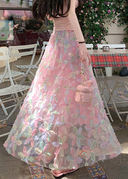 Pink Sequins Tulle A Line Skirts Elastic Waist