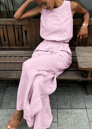 Pink Silm Fit Linen Vests And Side Open Straight Pants Two-Piece Set Summer