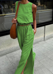 Pink Silm Fit Linen Vests And Side Open Straight Pants Two-Piece Set Summer
