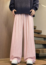Pink Solid Ice Silk Summer Mens Wide Leg Pants Elastic Waist