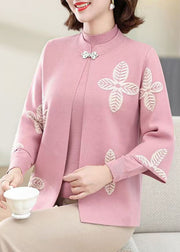 Pink Stand Collar Knit Coats And Sweaters Two-Piece Set Three Quarter Sleeve