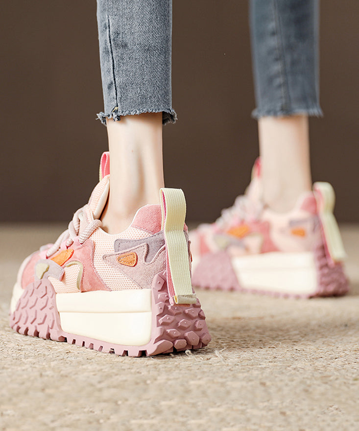 Pink Suede Breathable Mesh Splicing Platform Flat Shoes For Women