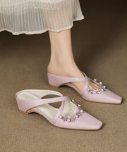 Pink Wedge Sheepskin Elegant Splicing Slide Sandals Zircon Nail Bead