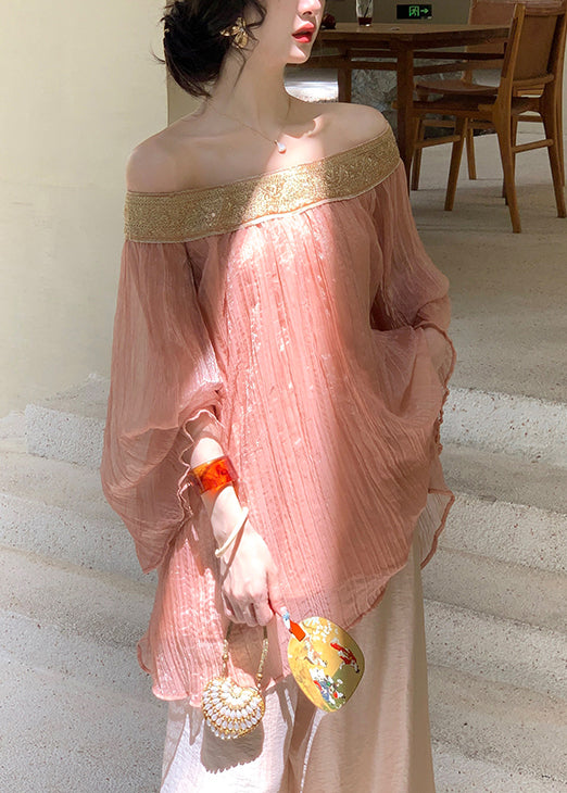 Pink Wrinkled Patchwork Chiffon Fall Shirts Slash Neck