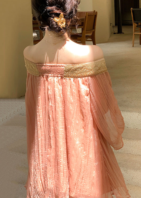 Pink Wrinkled Patchwork Chiffon Fall Shirts Slash Neck