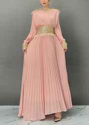 Pink Wrinkled Tunic Solid Holiday Maxi Dress Fall