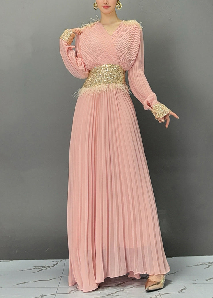 Pink Wrinkled Tunic Solid Holiday Maxi Dress Fall