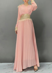 Pink Wrinkled Tunic Solid Holiday Maxi Dress Fall