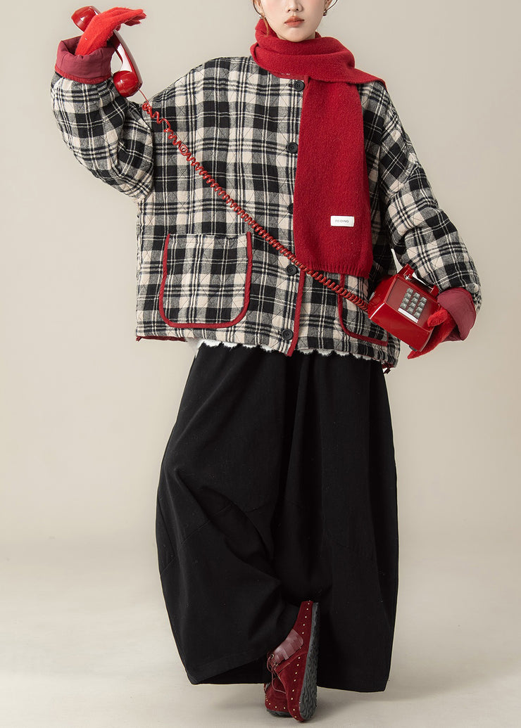 Plaid Black O Neck Pockets Coat And Pants Cotton Filled Two Pieces Set Winter