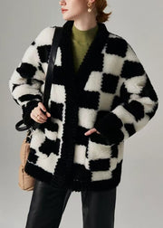 Plaid Black V Neck Button Pockets Woolen Coat Winter