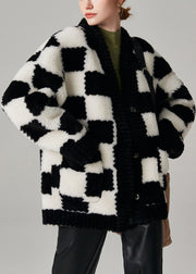 Plaid Black V Neck Button Pockets Woolen Coat Winter