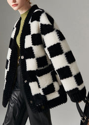 Plaid Black V Neck Button Pockets Woolen Coat Winter