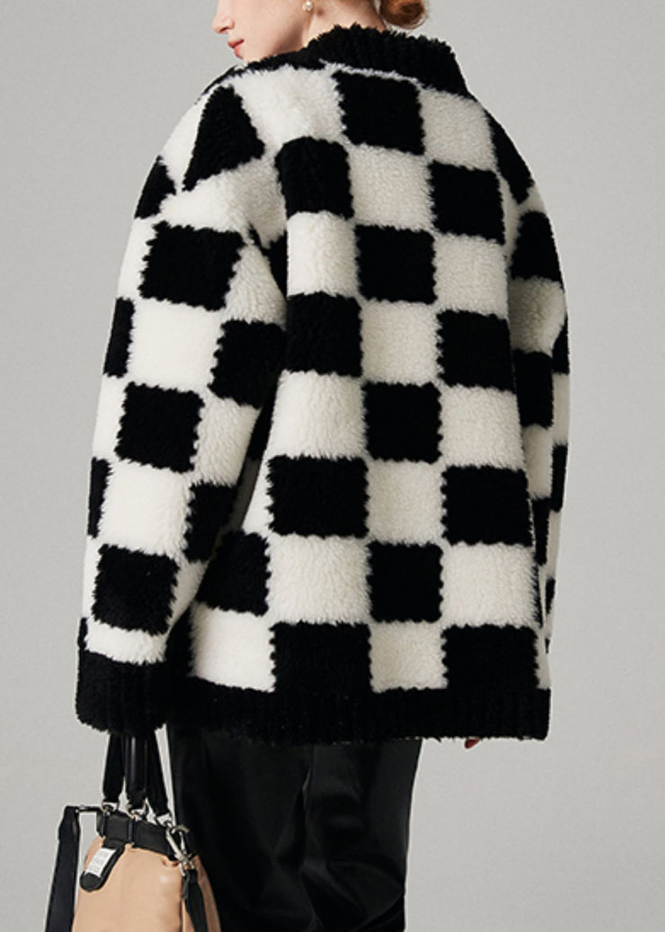 Plaid Black V Neck Button Pockets Woolen Coat Winter