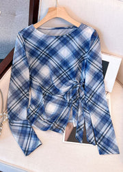 Plaid Blue Lace Up Side Open Tulle Shirts