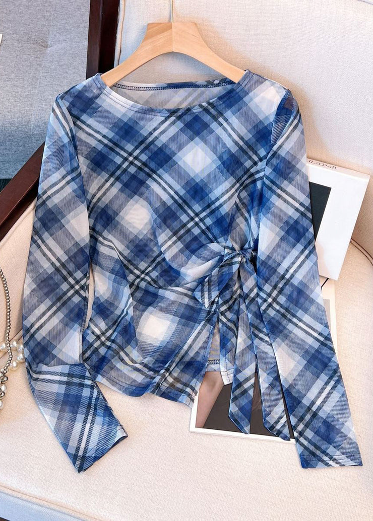Plaid Blue Lace Up Side Open Tulle Shirts