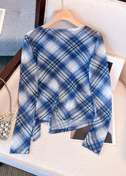 Plaid Blue Lace Up Side Open Tulle Shirts