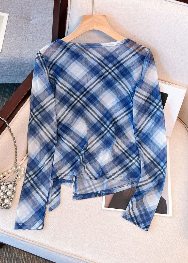 Plaid Blue Lace Up Side Open Tulle Shirts