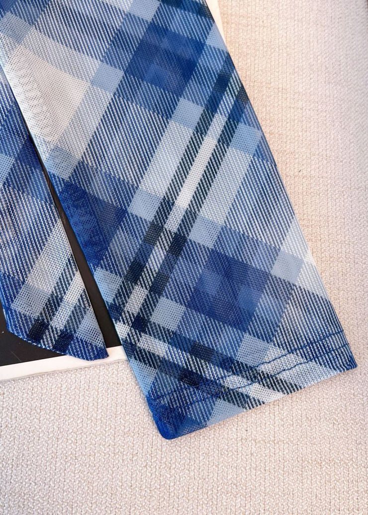 Plaid Blue Lace Up Side Open Tulle Shirts