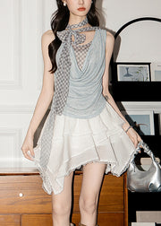 Plaid Blue Lace Up Tank And White Elastic Waist Skirts Two-Piece Set Sleeveless