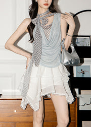 Plaid Blue Lace Up Tank And White Elastic Waist Skirts Two-Piece Set Sleeveless