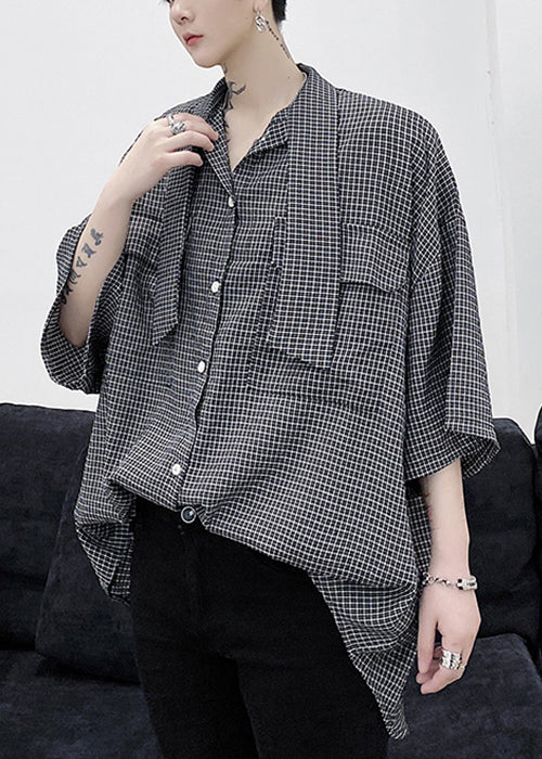 Plaid Button Pockets Cotton Half Sleeve Mens Shirts Bow