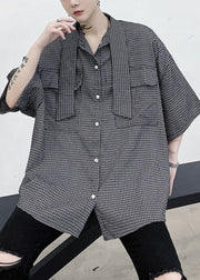 Plaid Button Pockets Cotton Half Sleeve Mens Shirts Bow