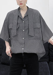 Plaid Button Pockets Cotton Half Sleeve Mens Shirts Bow