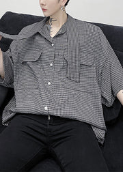 Plaid Button Pockets Cotton Half Sleeve Mens Shirts Bow