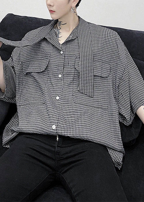 Plaid Button Pockets Cotton Half Sleeve Mens Shirts Bow