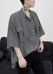 Plaid Button Pockets Cotton Half Sleeve Mens Shirts Bow