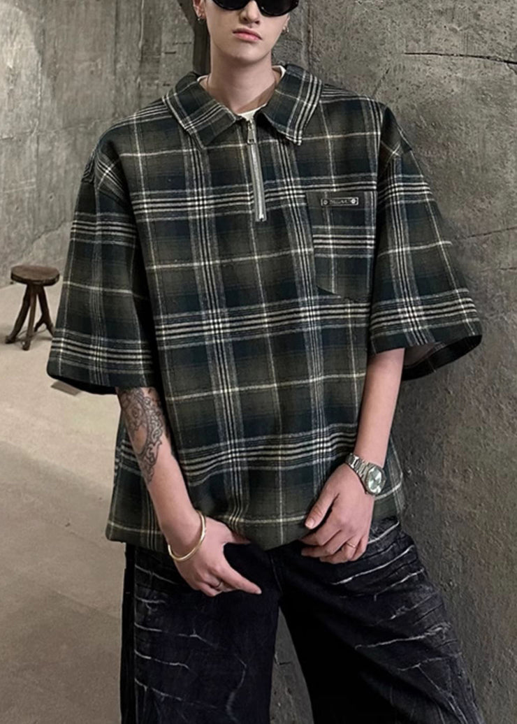 Plaid Green Zippered Cotton Men Pullover Shirt Half Sleeve