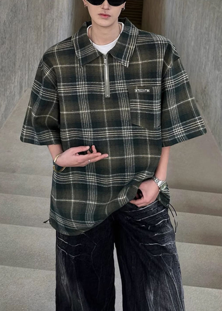 Plaid Green Zippered Cotton Men Pullover Shirt Half Sleeve