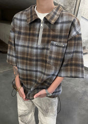 Plaid Green Zippered Cotton Men Pullover Shirt Half Sleeve