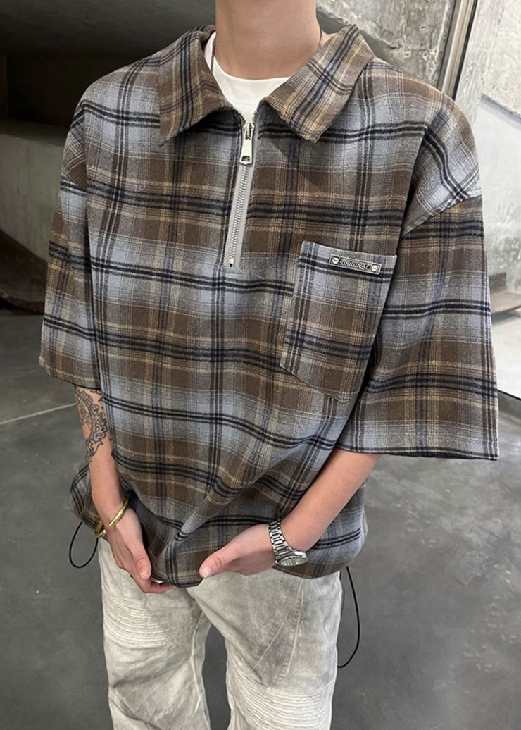Plaid Green Zippered Cotton Men Pullover Shirt Half Sleeve