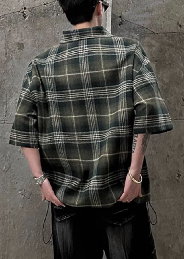 Plaid Green Zippered Cotton Men Pullover Shirt Half Sleeve