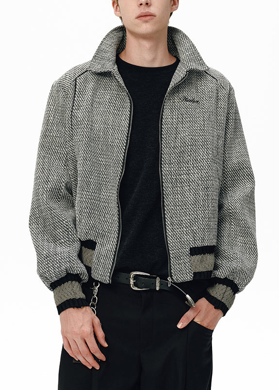 Plaid Grey Zip Up Oversized Patchwork Cotton Mens Jacket Fall