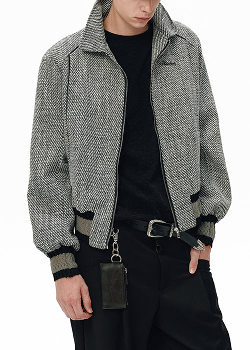 Plaid Grey Zip Up Oversized Patchwork Cotton Mens Jacket Fall