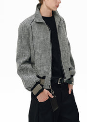Plaid Grey Zip Up Oversized Patchwork Cotton Mens Jacket Fall